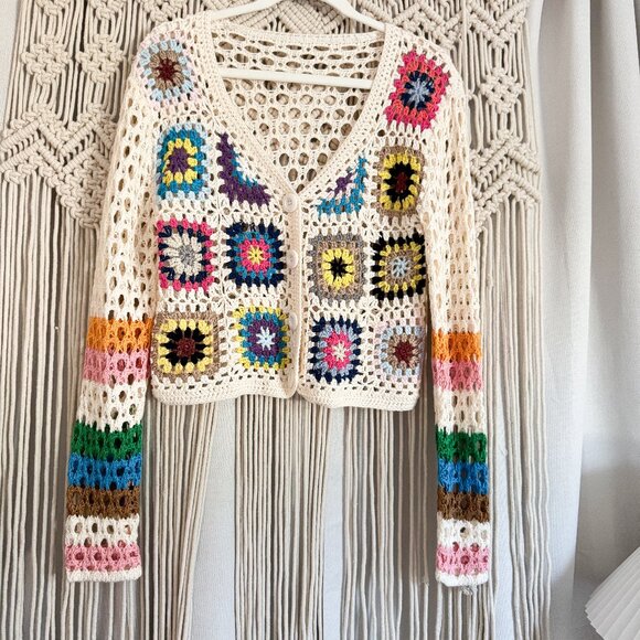 Ivory Multicolor Crochet Button-Up Cardigan Boho Estimated Size M GUC - Picture 1 of 8